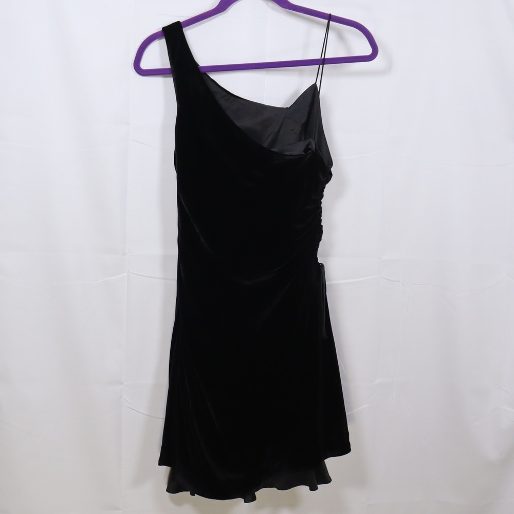 Cinq a Sept Ruby Arnold Velvet Dress 4 Black Womens One Shoulder Ruched Mini - Picture 2 of 5